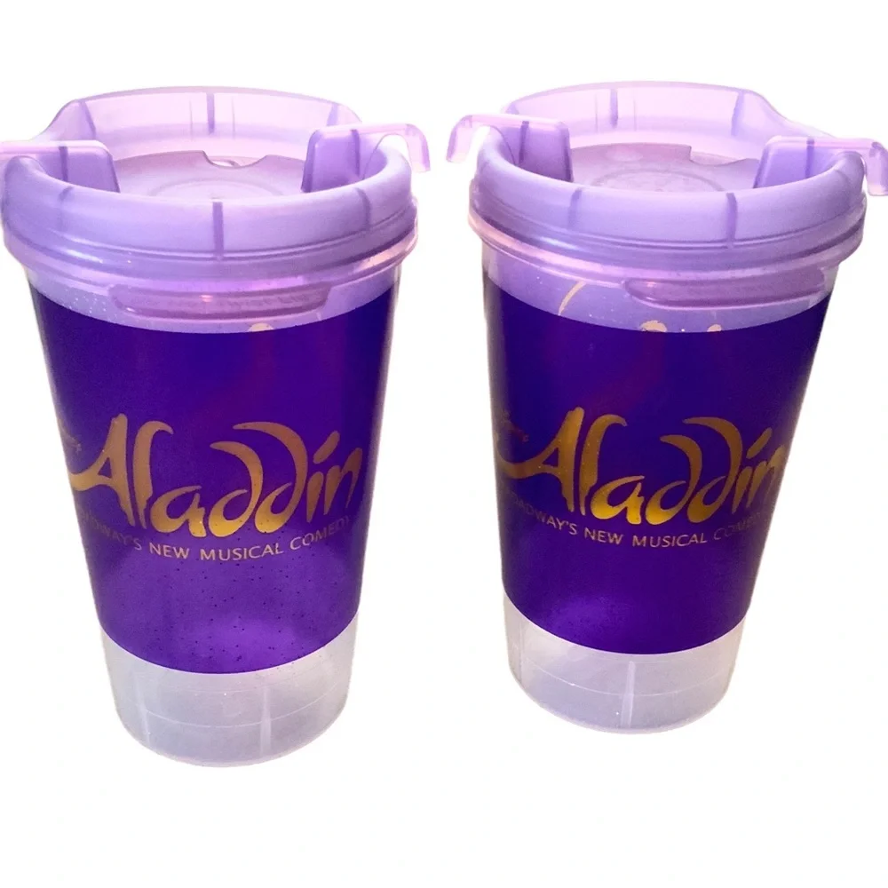 2 Aladdin Disney Tumblers and Covers Purple With Gold Writing Cold Beverage